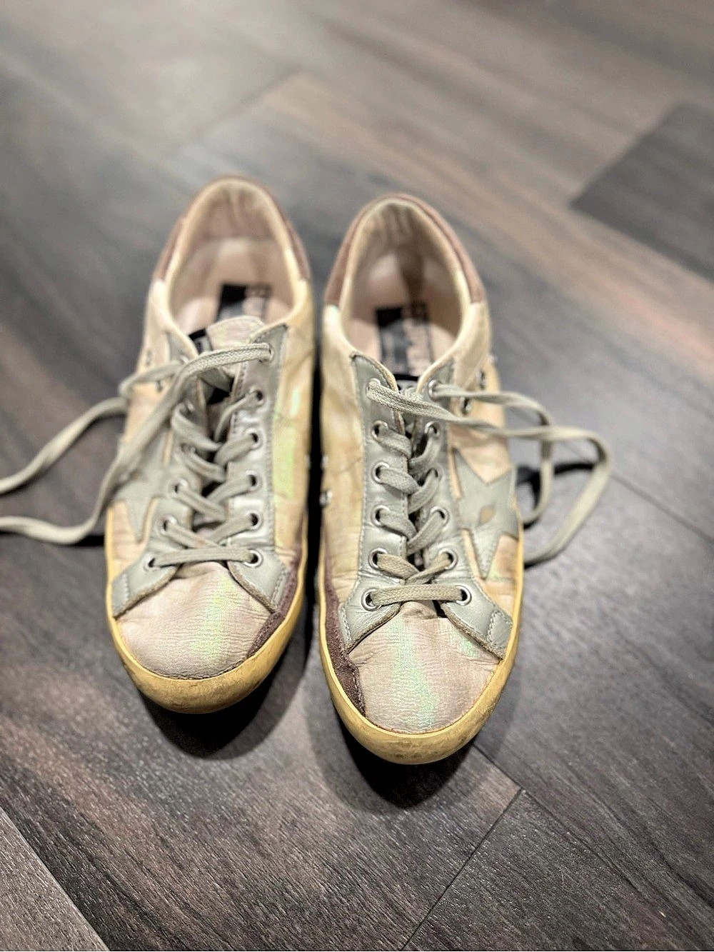 Golden Goose Super-Star Distressed Star Sneakers in Gold & Brown